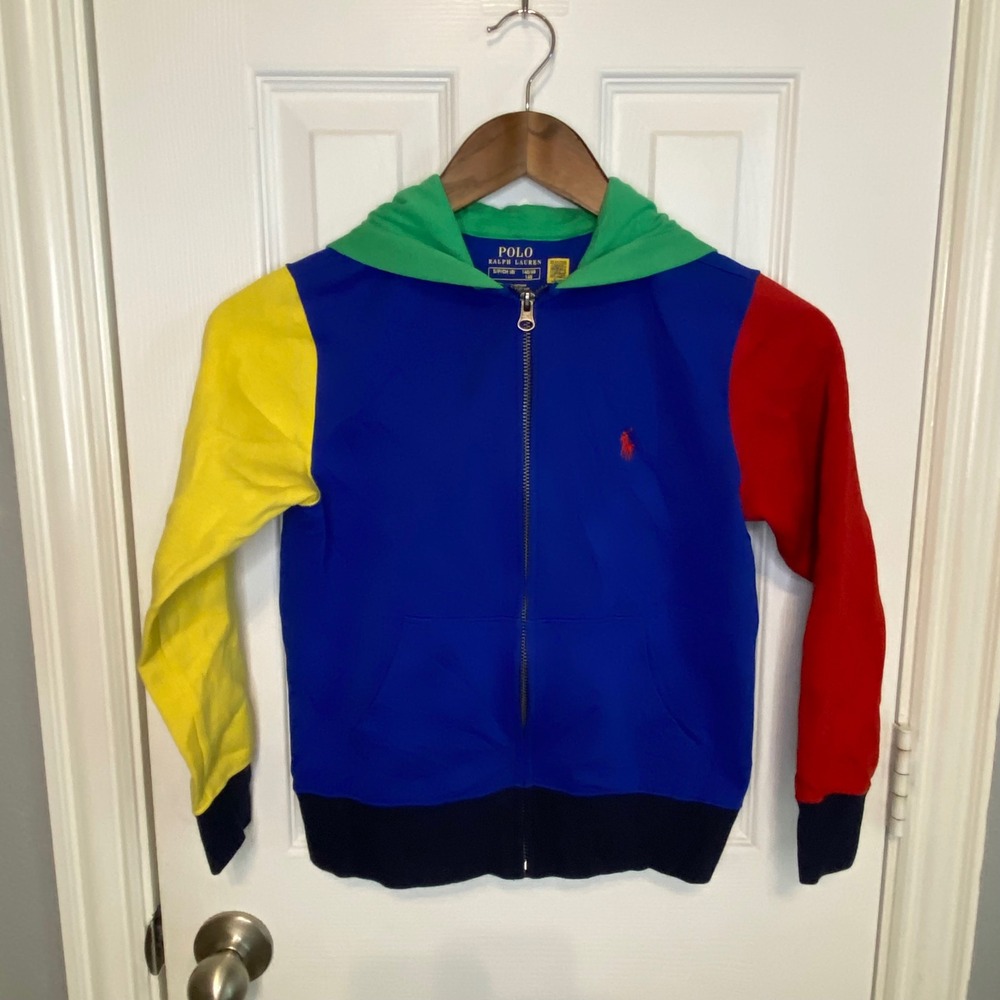 Polo Ralph Lauren Boys Colorblock Full Zip Hoodie Blue Yellow Red Green Size 8